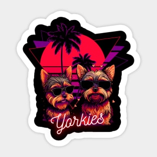 Yorkie's With Sunglasses and Retro Palm Tree Sunset Sticker